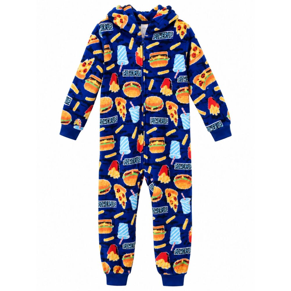 NWT The Children’s Place Boys 5/6 Fleece Hooded Onesie Power Up Food Pajamas
